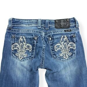 Miss Me JP5110B3 Fleur de lis Embellished Mid Rise Bootcut Blue Jeans 28 Western